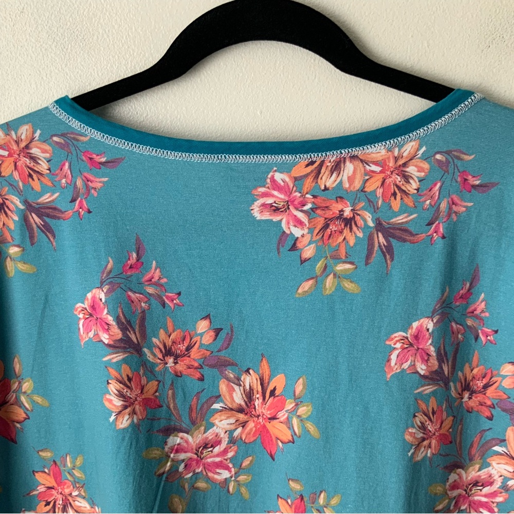 GARNET HILL Asian Wrap Floral Nightgown Organic Cotton Teal Blue Pink XL - Picture 5 of 11
